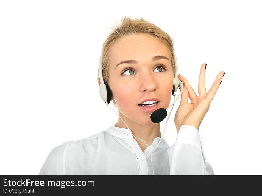 A friendly secretary/telephone operator. Stuido shot on a white background