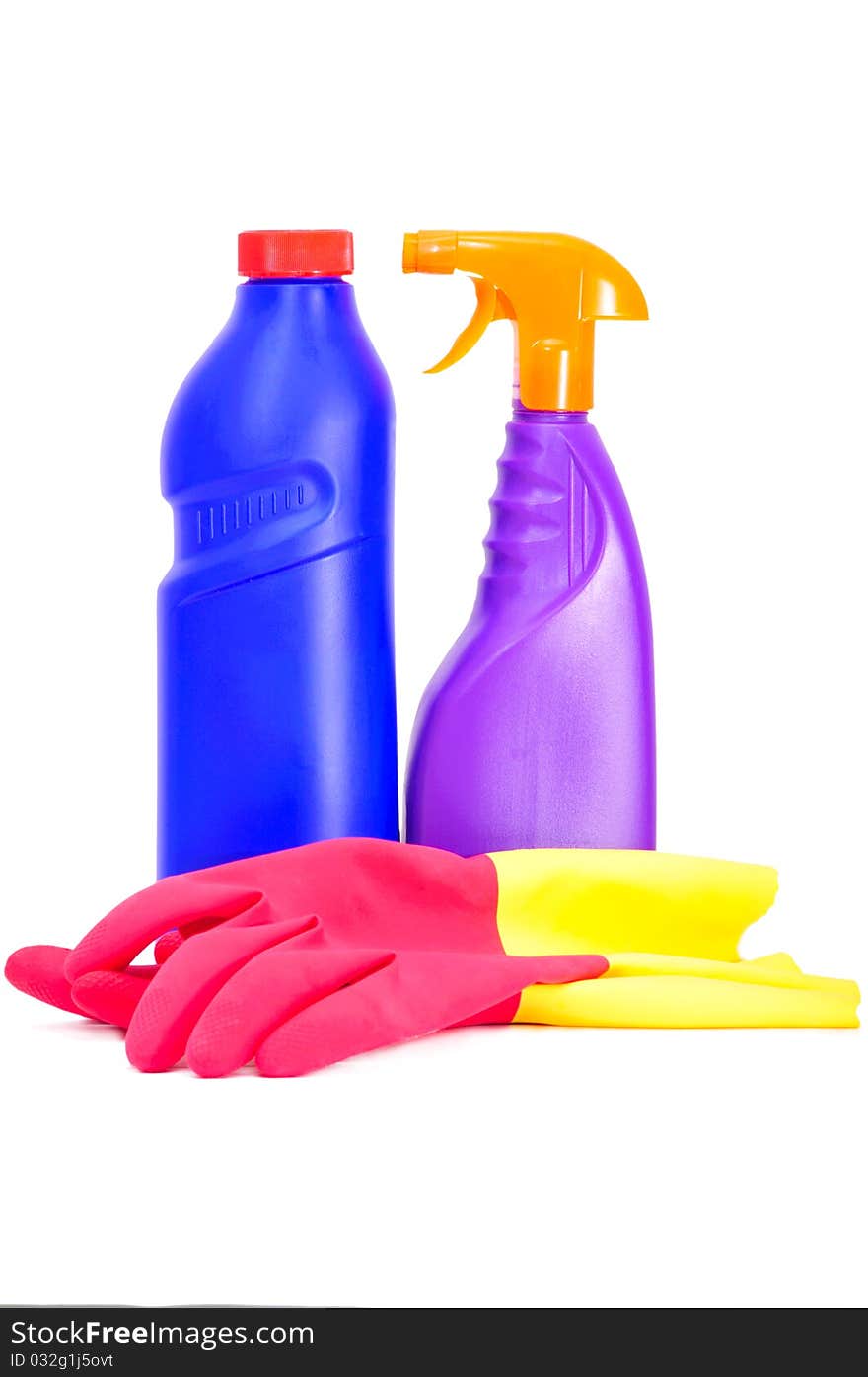 Two flacons of washing liquid and rubber gloves