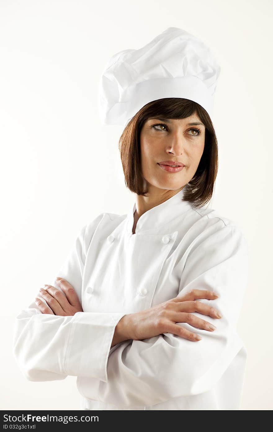 Confident Female Chef on White Background