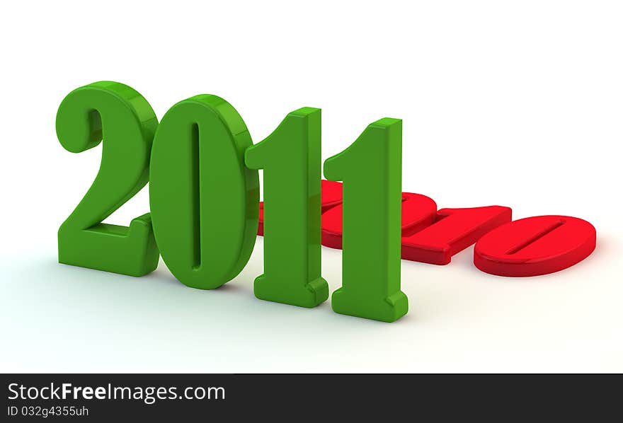 3d new year 2011 green symbol and 2010 red. 3d new year 2011 green symbol and 2010 red