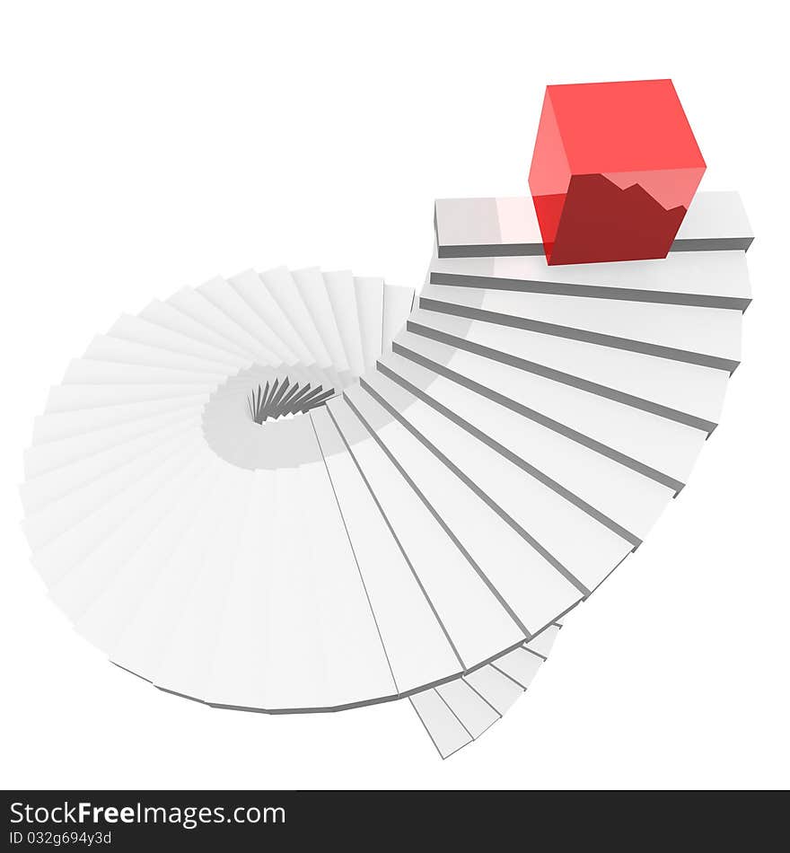 White spiral staircase to the top of which is a red cube. 3d computer modeling. White spiral staircase to the top of which is a red cube. 3d computer modeling