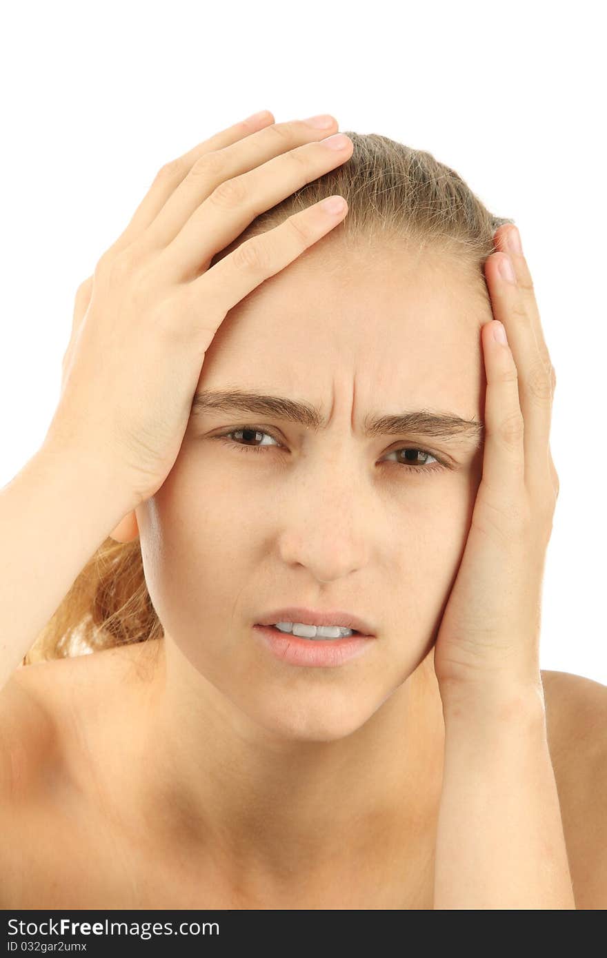 Portrait of the young girl with head a pain on a white background