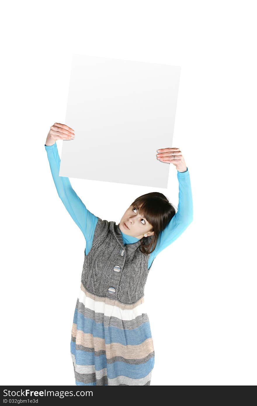 Portrait of a lovely young female holding blank sheet against white background. Portrait of a lovely young female holding blank sheet against white background