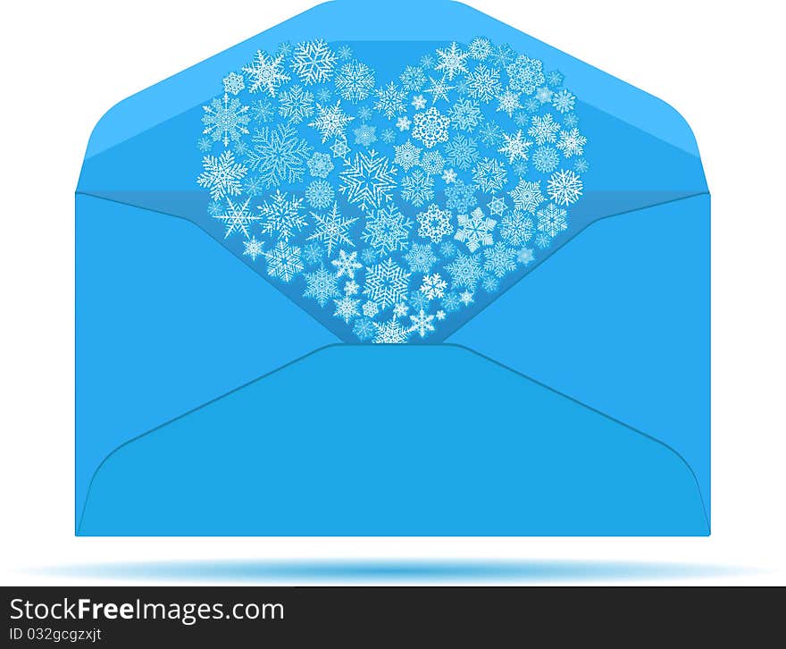 Open Letter With Heart Made Out Of Snowflakes. Vector Illustration.