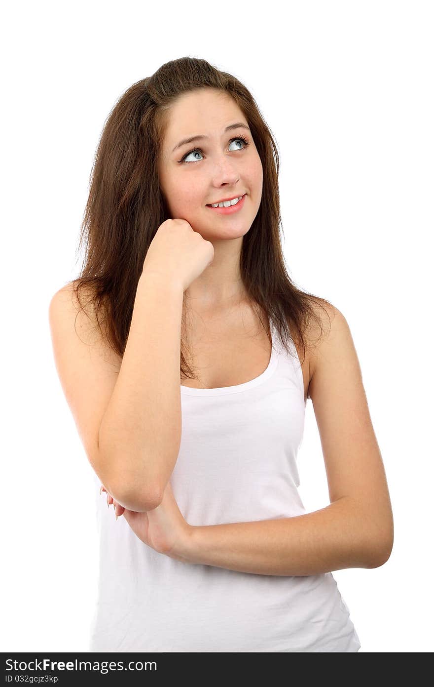 Portrait of a smiling thinking woman looking up. isolated on white