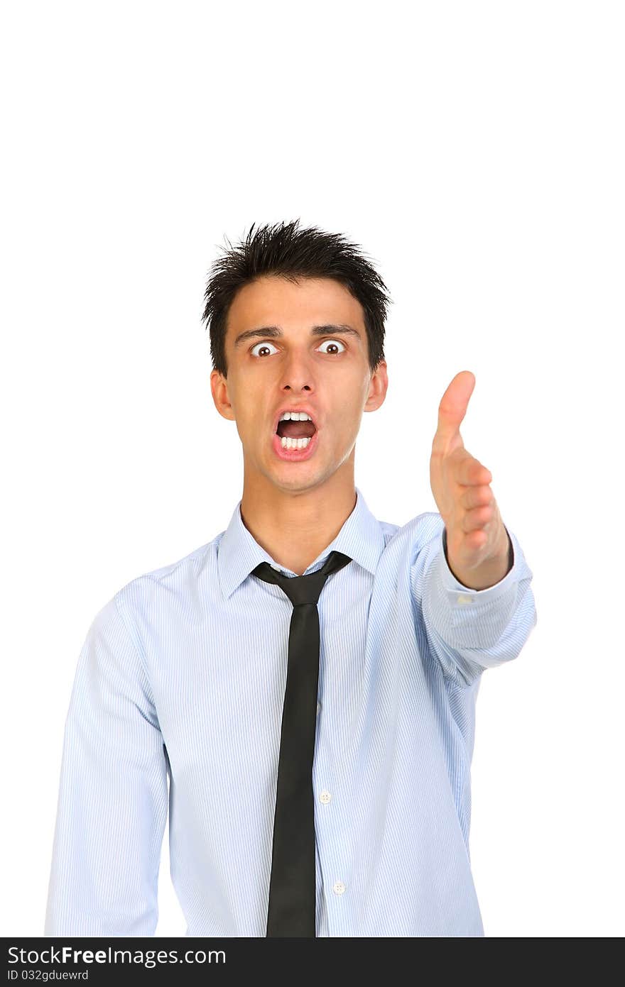 Portrait of a young man screaming out loud and anger isolated on a white background