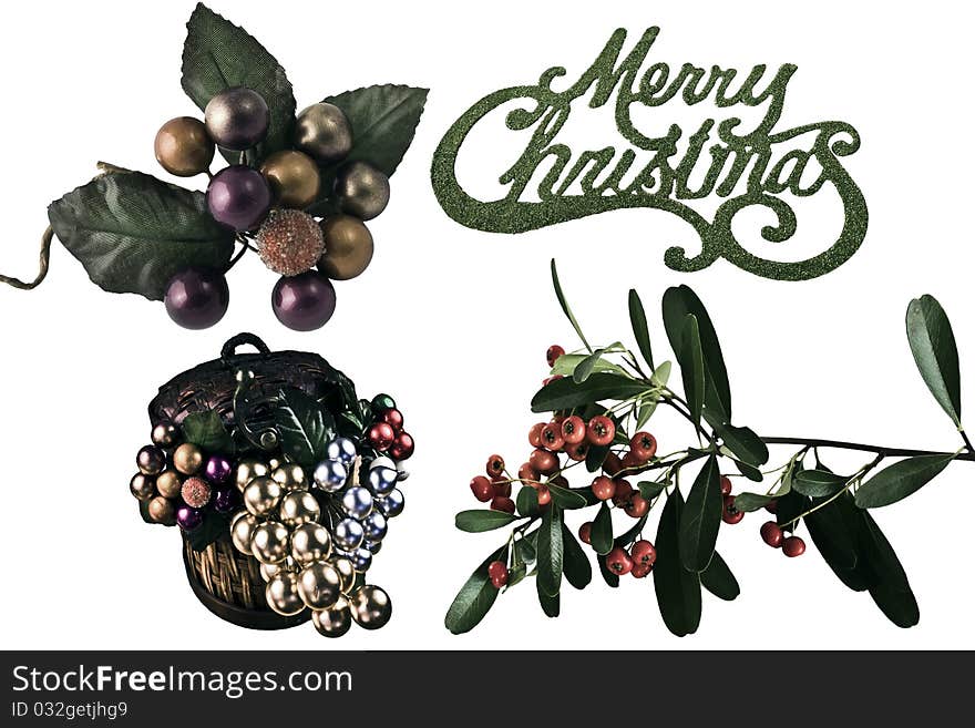 Merry Christmas Greenery elements with Merry Christmas, basket with berries, pyracantha berries and leaves, and berry spray