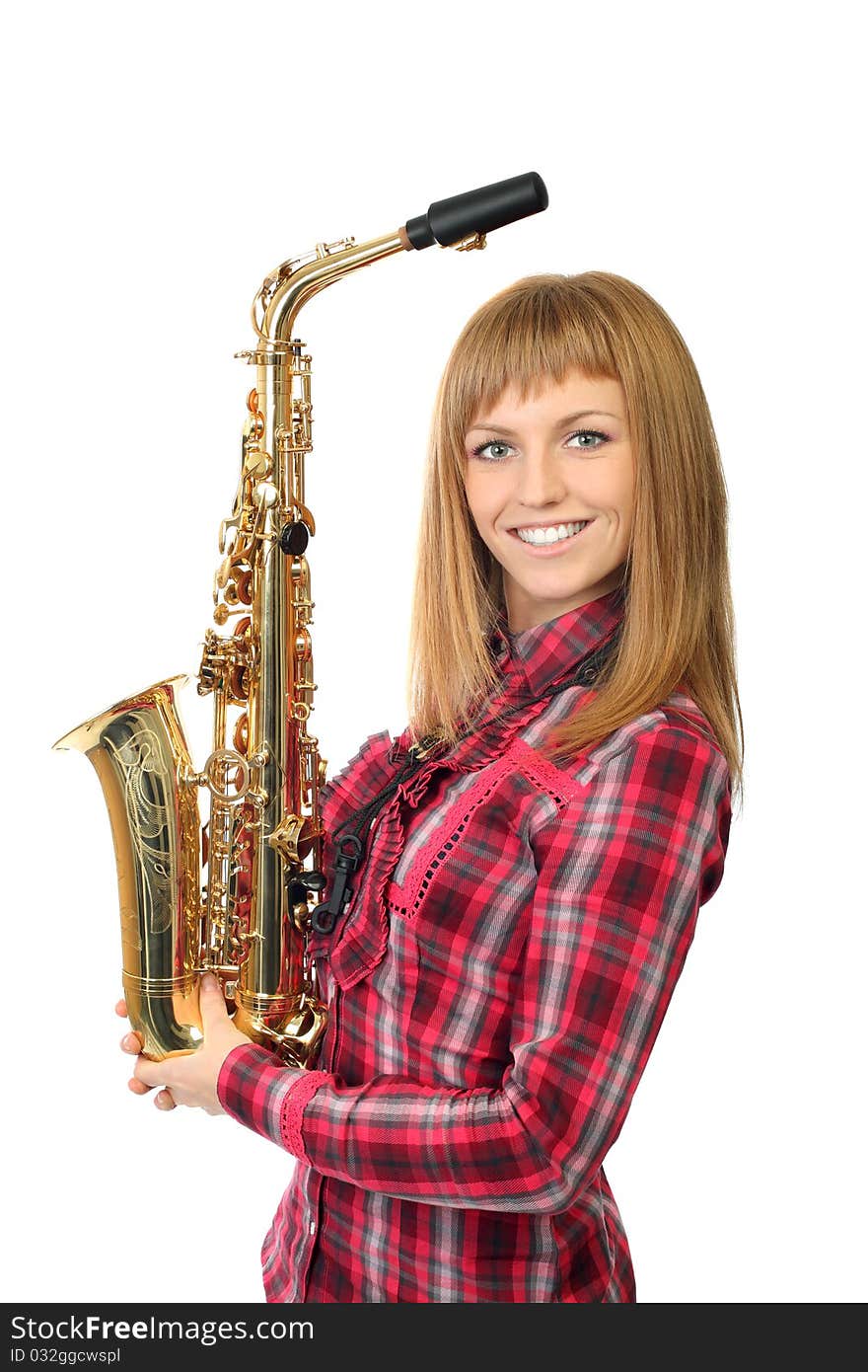 Smiling Young  Girl With Saxophone