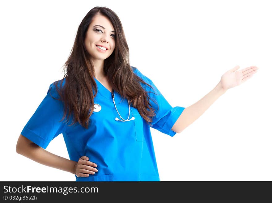 Female health care worker wearing stethoscope smiling. Female health care worker wearing stethoscope smiling