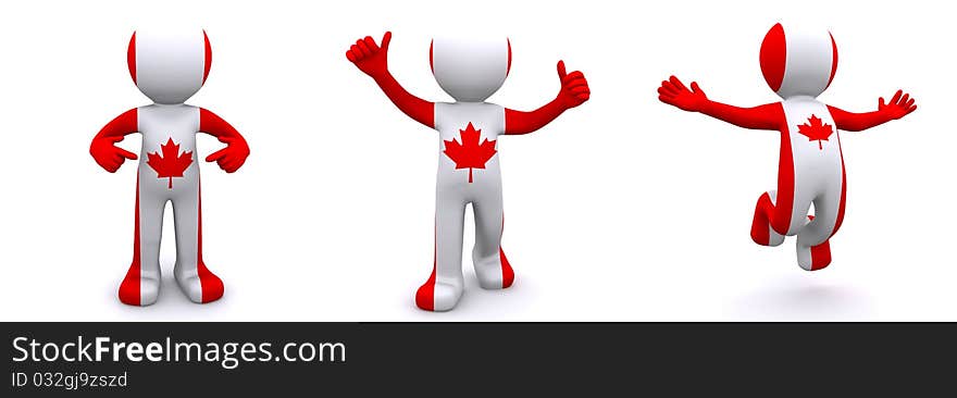 3d character textured with flag of Canada isolated on white background