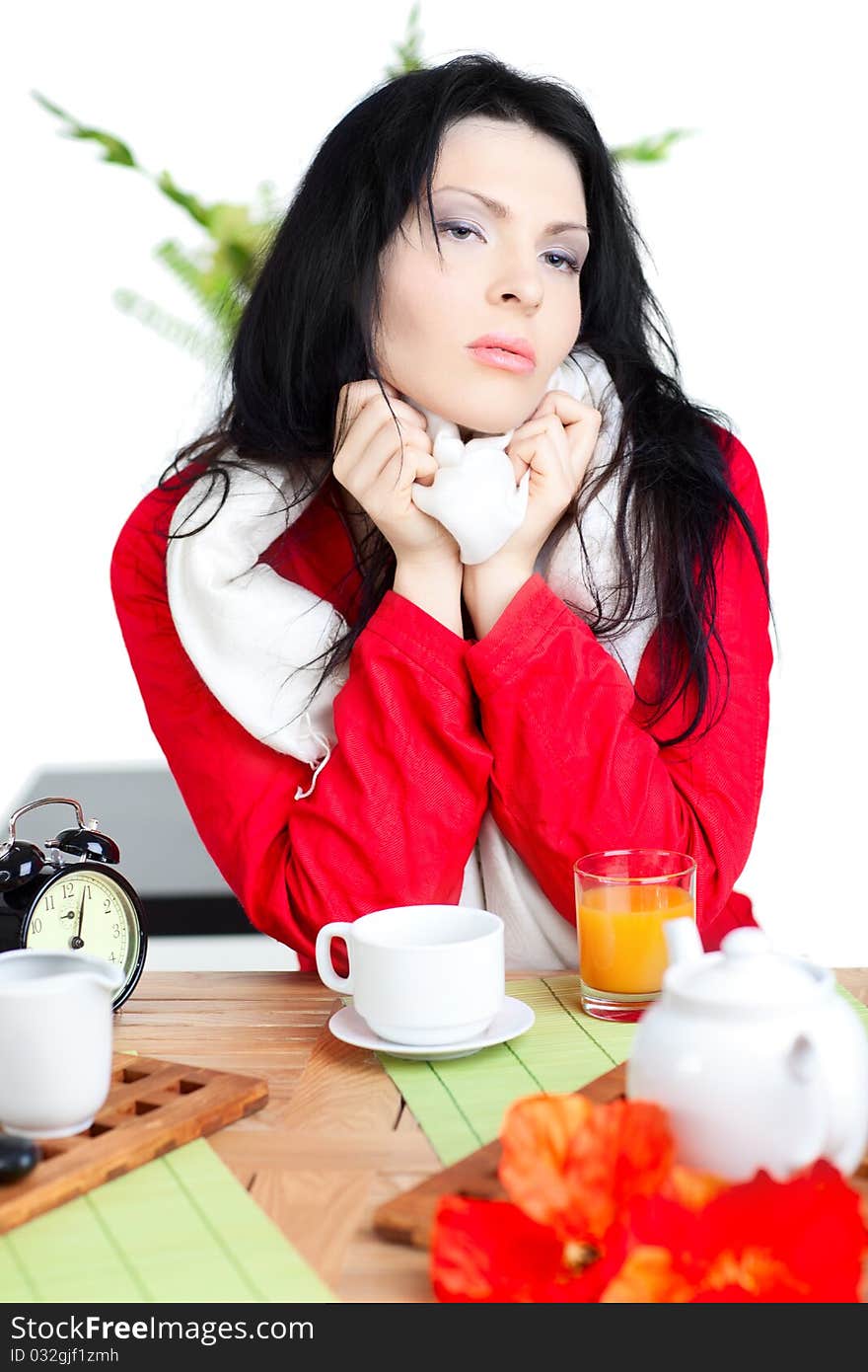 Woman dirinking tea smiling and looking at camera wearing formal clothes. Woman dirinking tea smiling and looking at camera wearing formal clothes