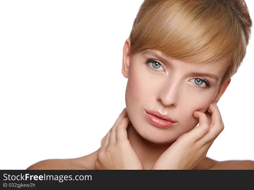 Portrait of beautiful blond woman looking at camera, isolated on white. Portrait of beautiful blond woman looking at camera, isolated on white