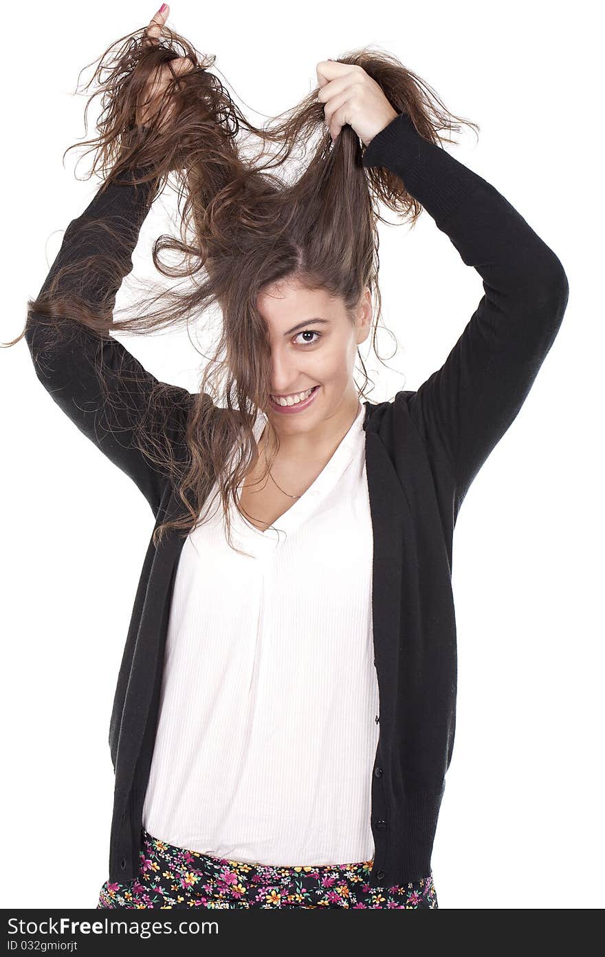 Woman pulling hair and having fun