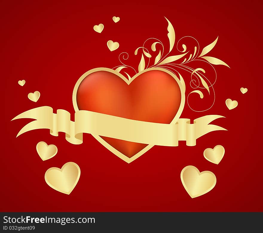 Red heart with small hearts environment and gold ribbon banner. Isolated on a white. Vector illustration.
