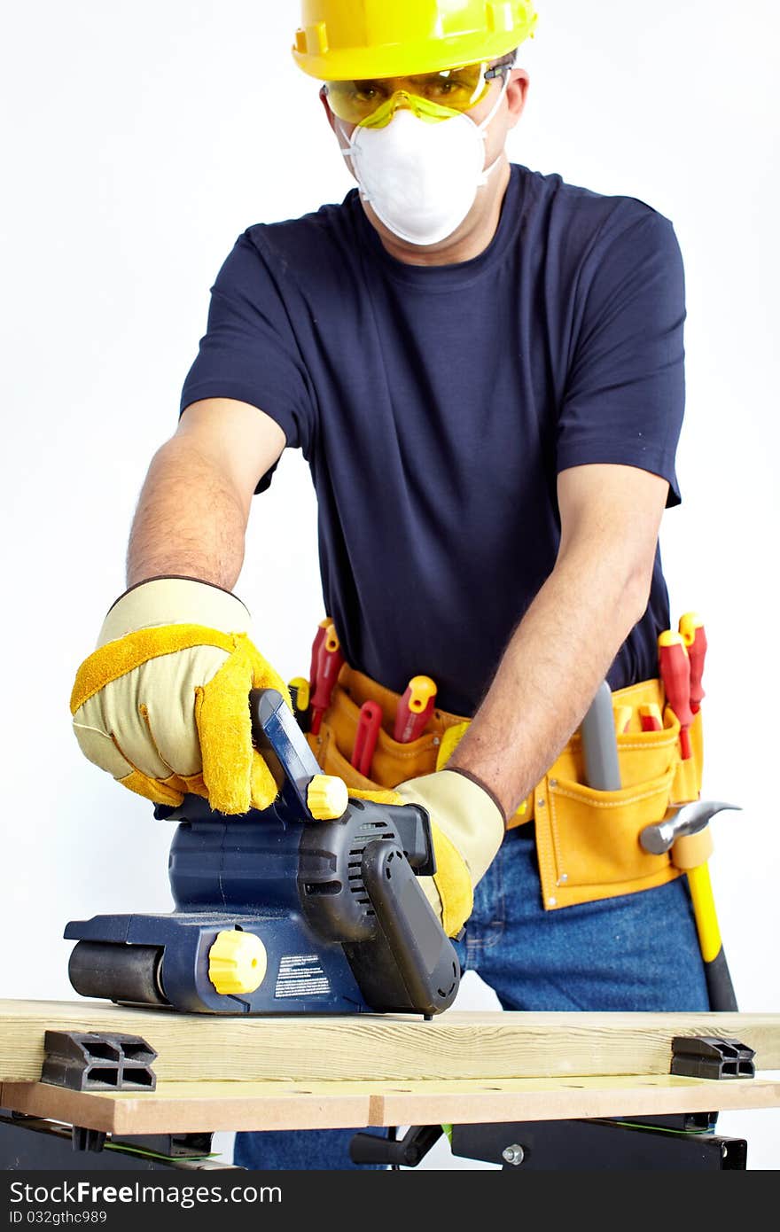 Mature contractor working. Over white background