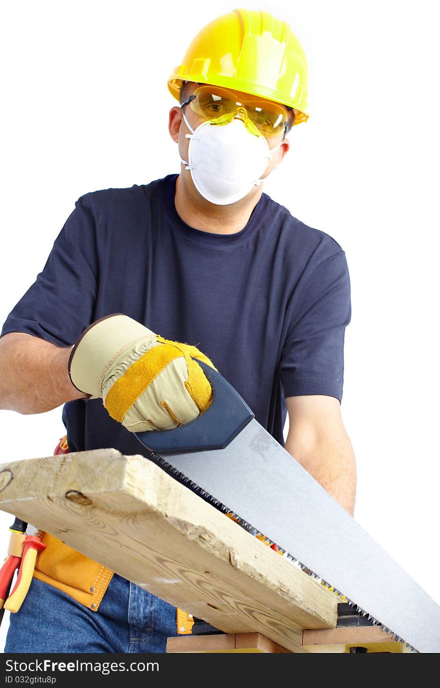 Mature contractor  working. Over white background