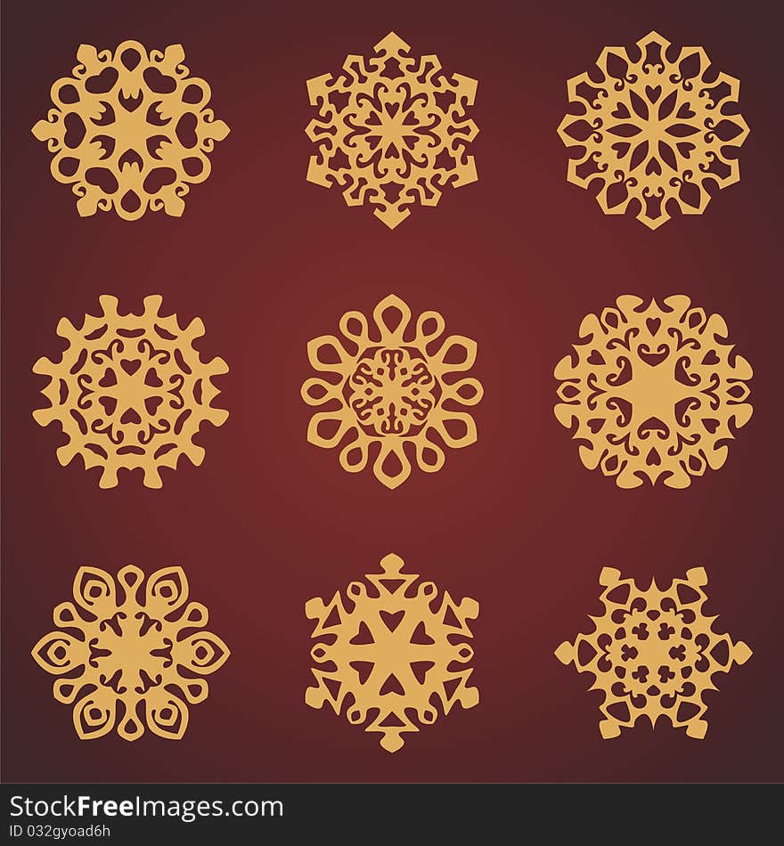 Yellow snowflakes on brown background. Vector illustration