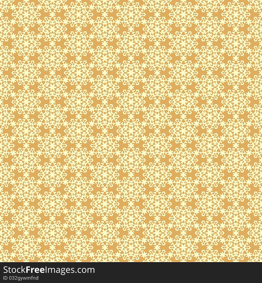 Seamless  with yellow snowflakes on orange background. Vector illustration