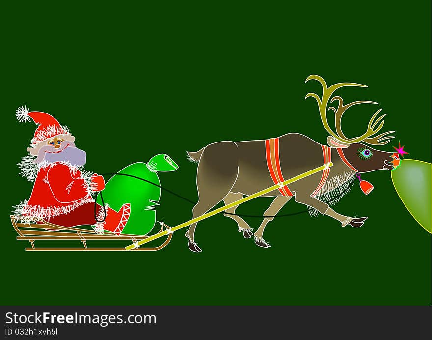 Santa Claus rides in a sleigh and takes a big bag of gifts. In the sleigh drawn by reindeer. He has a glowing red nose that lights up the road. Santa Claus rides in a sleigh and takes a big bag of gifts. In the sleigh drawn by reindeer. He has a glowing red nose that lights up the road.