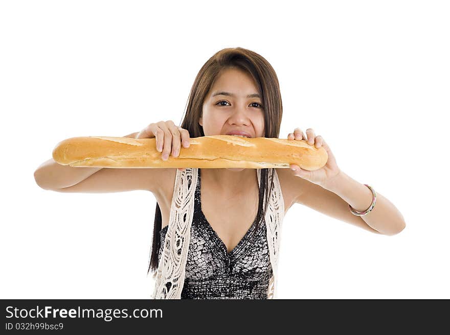 Pretty asian woman biting in a french bread, isolated on white background. Pretty asian woman biting in a french bread, isolated on white background