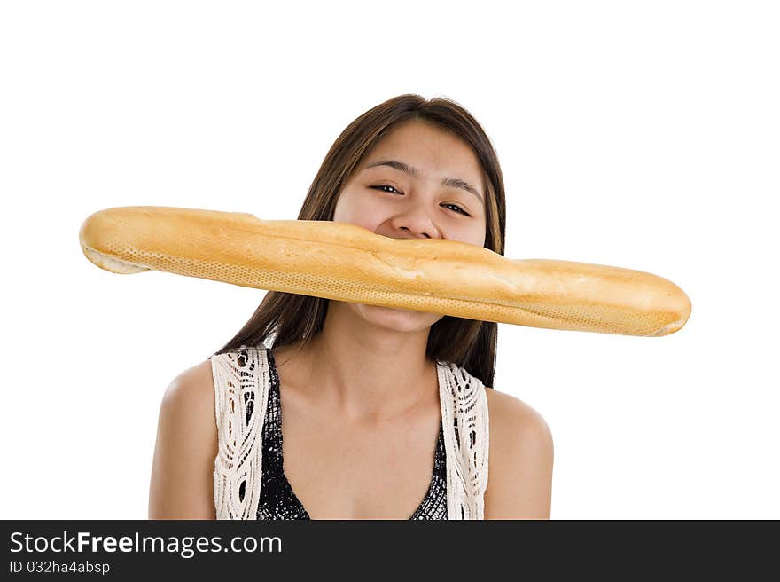 Pretty asian woman biting in a french bread, isolated on white background. Pretty asian woman biting in a french bread, isolated on white background