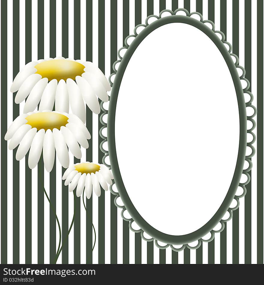 Vintage frame amd flowers camomiles on striped background. Vintage frame amd flowers camomiles on striped background