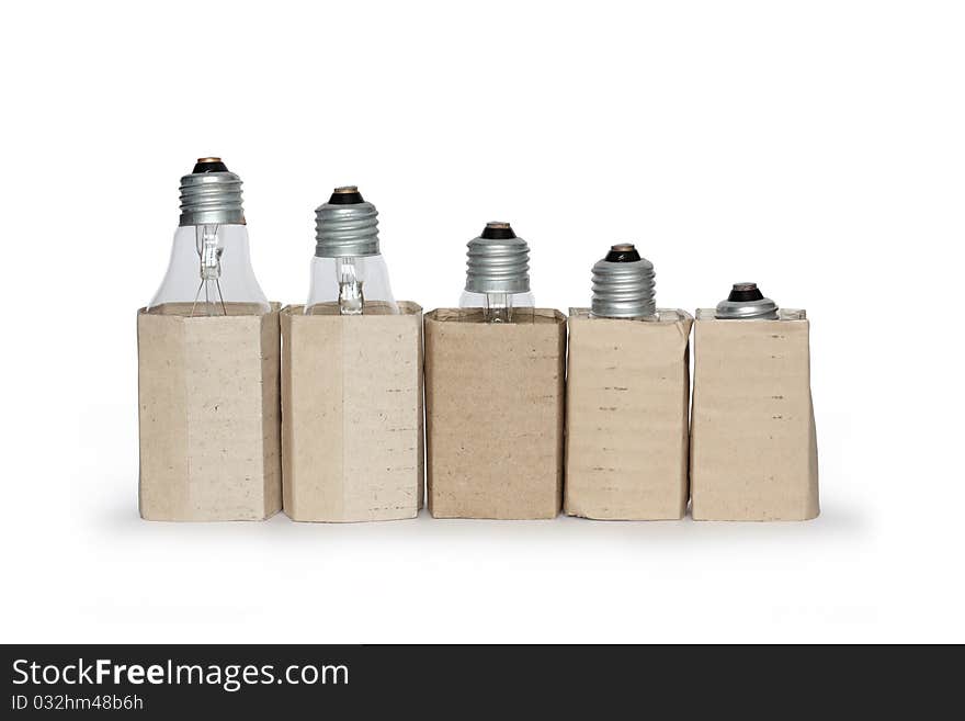 Few light bulbs in cardboard package isolated on white background with clipping path