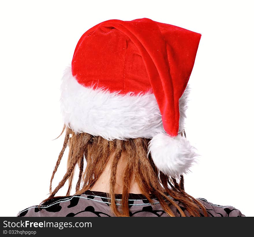 Girl in santa hat over white