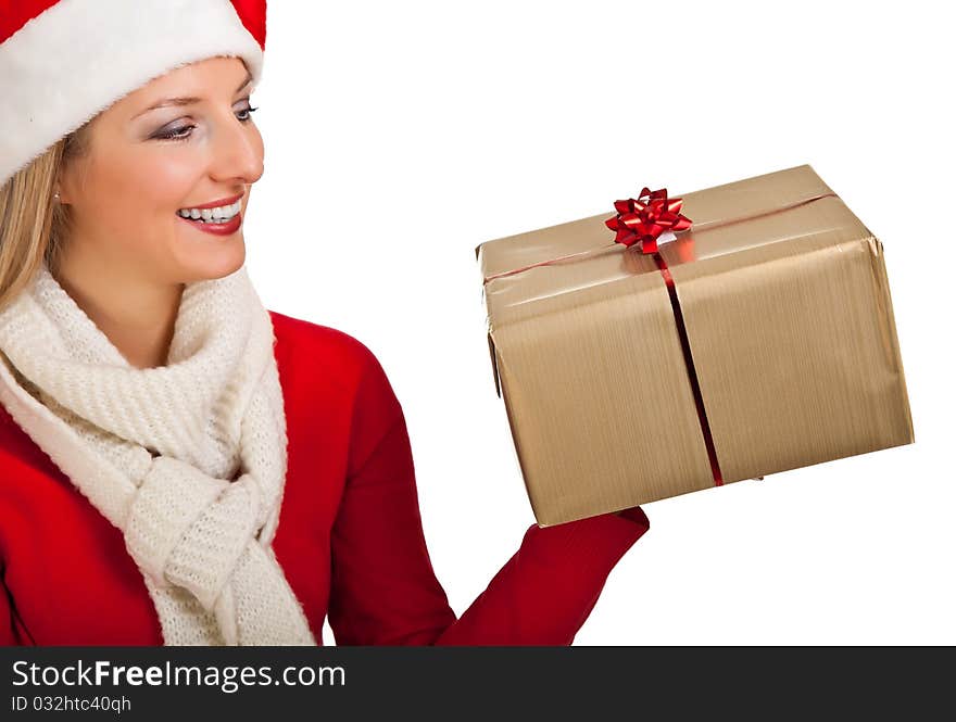 Woman in santa hat with presents