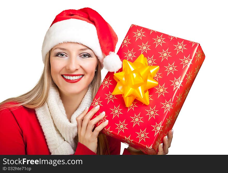 Woman in santa hat with christmas presents isolated on white background. Woman in santa hat with christmas presents isolated on white background