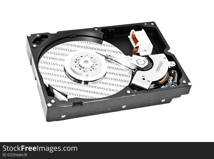 Close-up inside view of hard disk isolated on white background