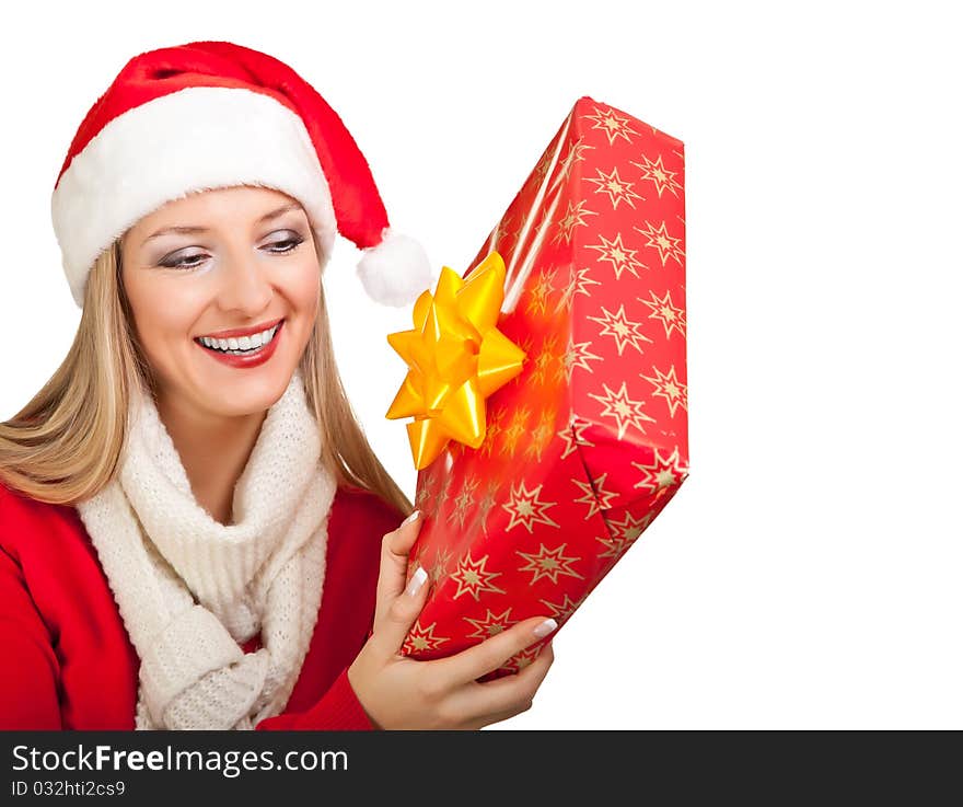 Woman in santa hat with christmas presents isolated on white background. Woman in santa hat with christmas presents isolated on white background