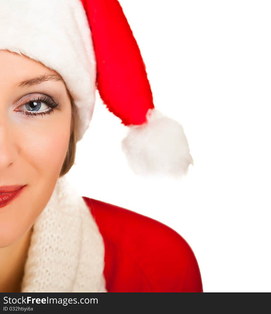 Woman in santa hat with christmas presents isolated on white background. Woman in santa hat with christmas presents isolated on white background