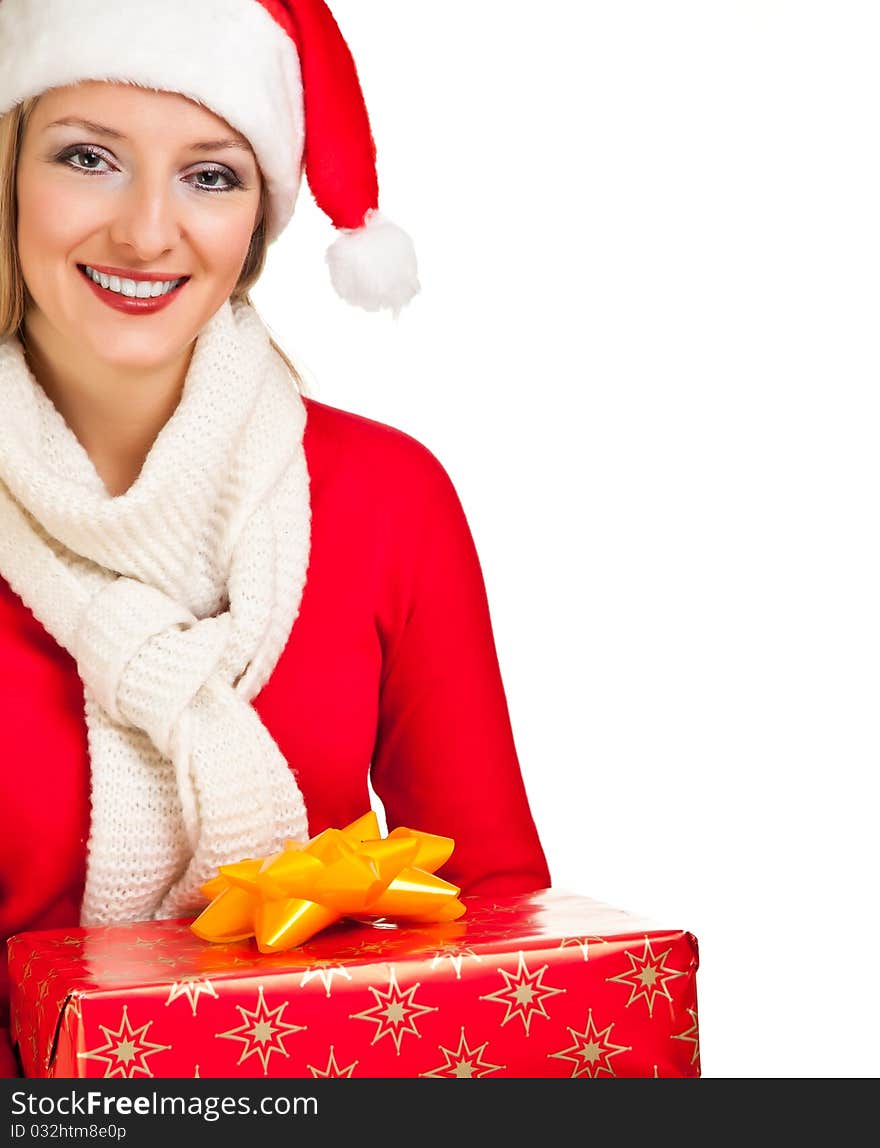 Woman In Santa Hat With Presents