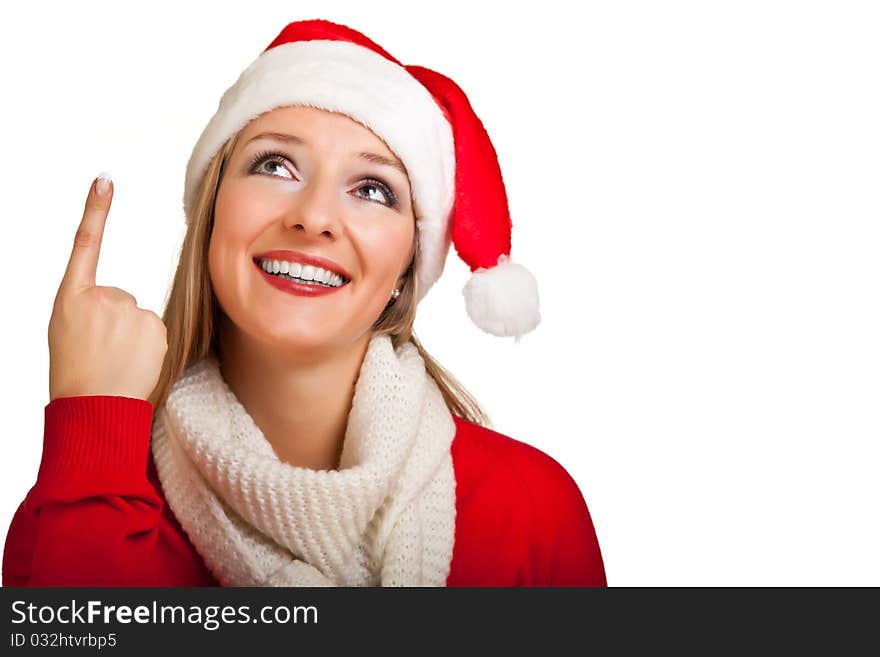 Woman in santa hat with christmas presents isolated on white background. Woman in santa hat with christmas presents isolated on white background