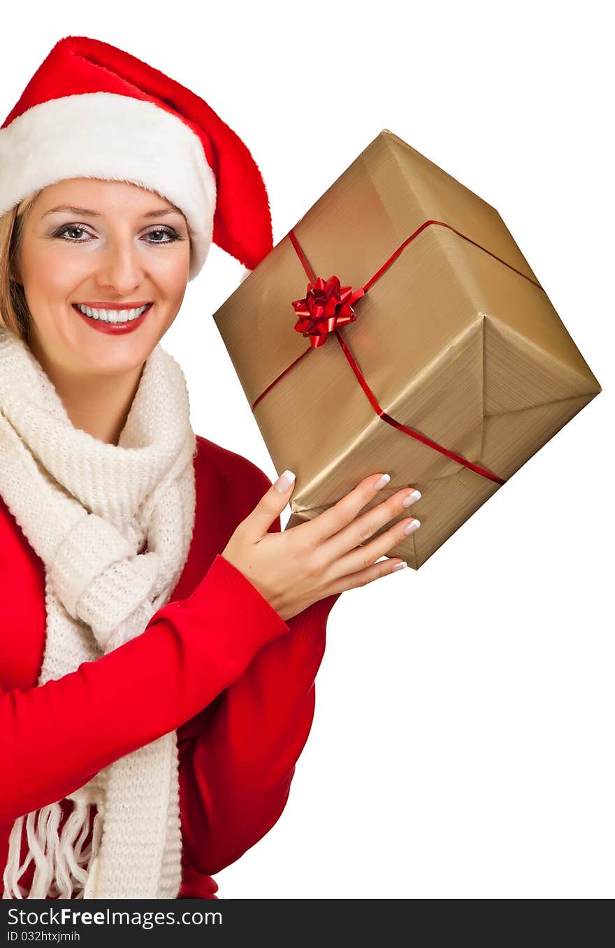 Woman in santa hat with presents