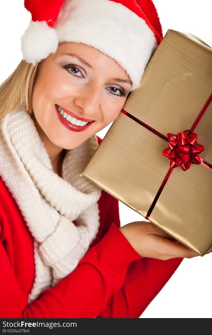 Woman in santa hat with christmas presents isolated on white background. Woman in santa hat with christmas presents isolated on white background