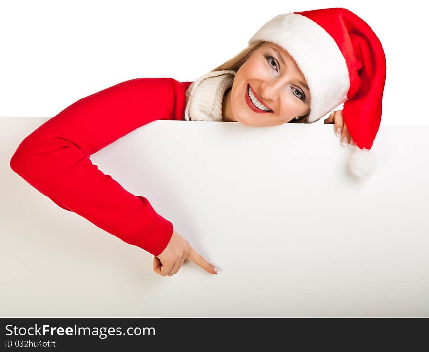 Woman in santa hat with christmas presents isolated on white background. Woman in santa hat with christmas presents isolated on white background