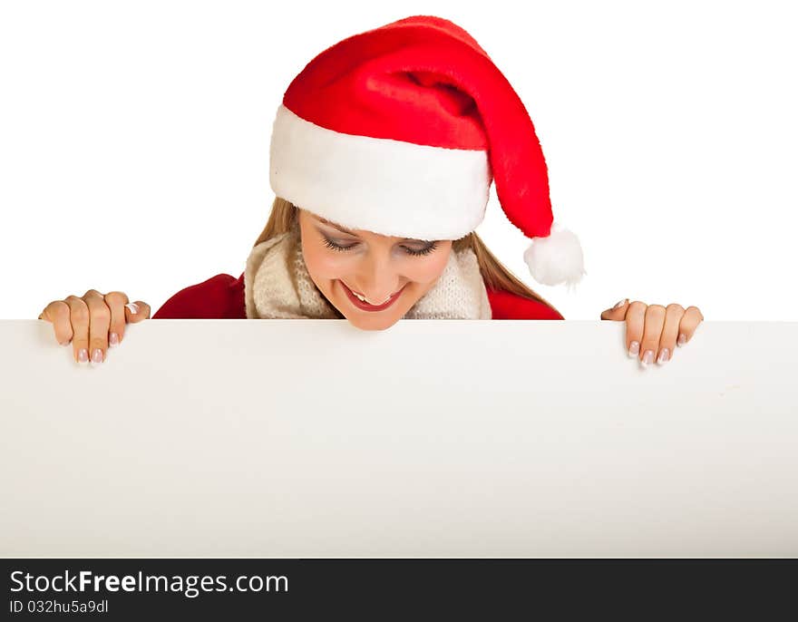 Woman in santa hat with christmas presents isolated on white background. Woman in santa hat with christmas presents isolated on white background