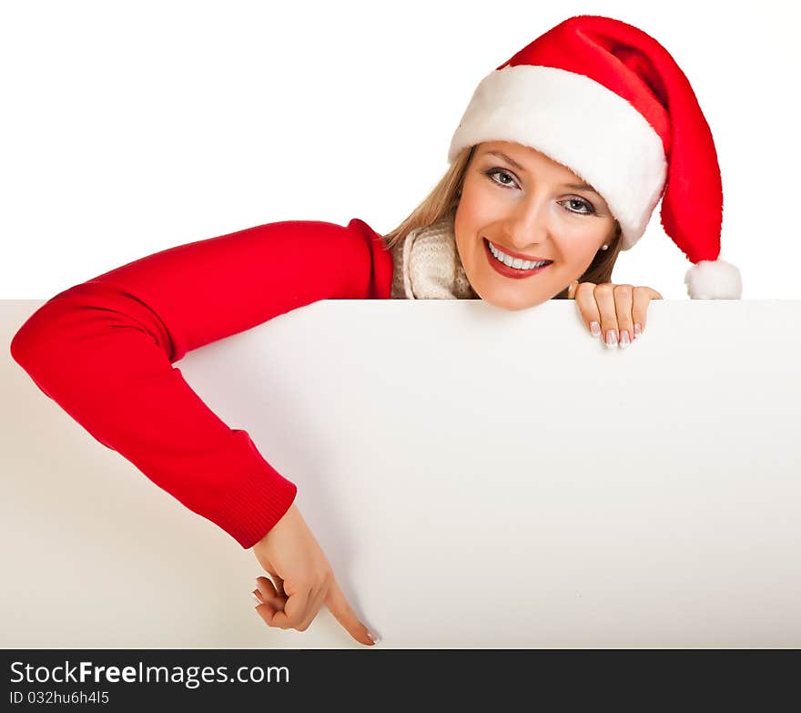 Woman in santa hat with christmas presents isolated on white background. Woman in santa hat with christmas presents isolated on white background