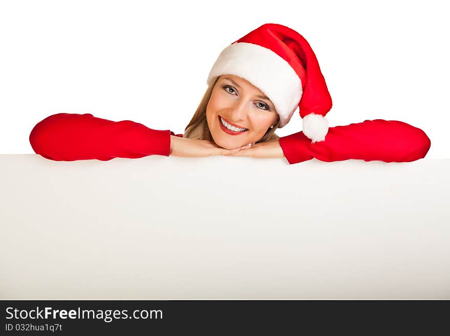 Woman in santa hat with christmas presents isolated on white background. Woman in santa hat with christmas presents isolated on white background