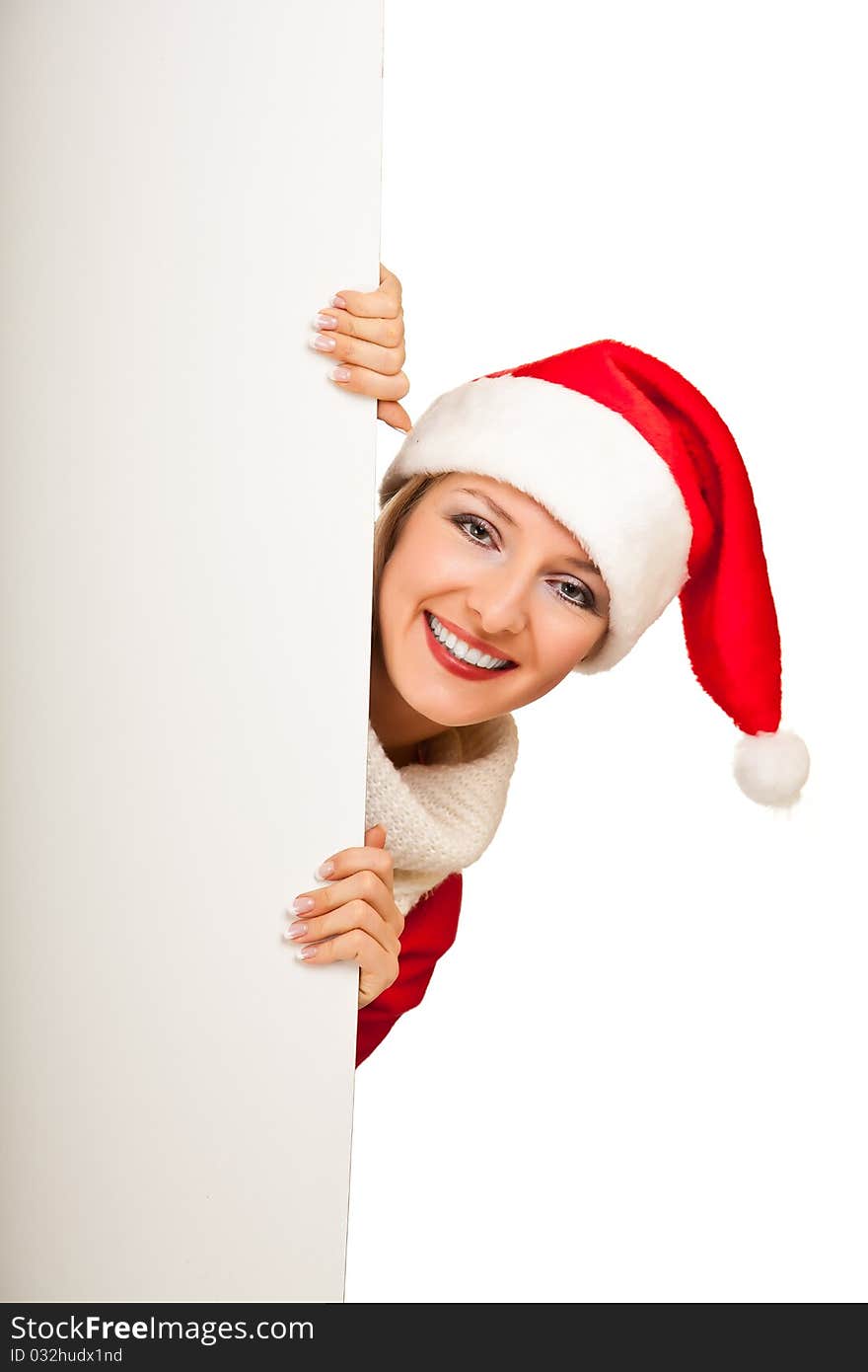 Woman in santa hat with christmas presents isolated on white background. Woman in santa hat with christmas presents isolated on white background