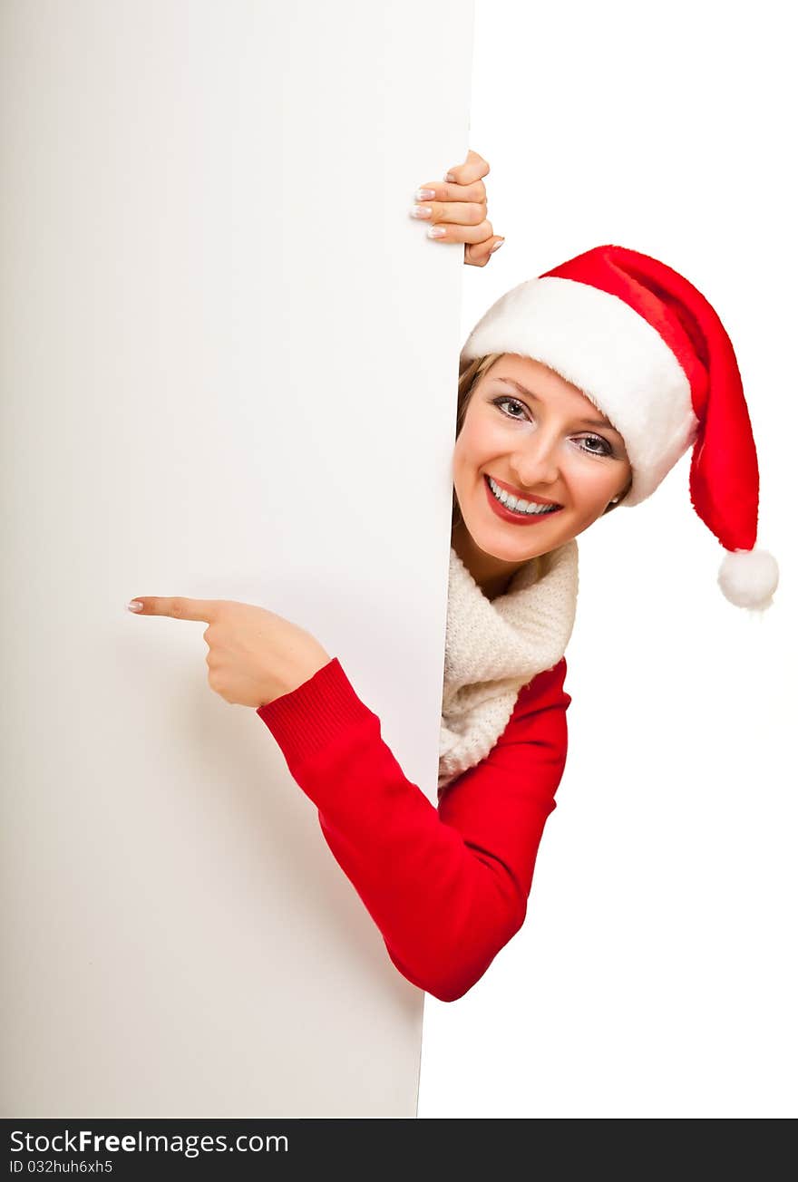 Woman in santa hat with christmas presents isolated on white background. Woman in santa hat with christmas presents isolated on white background