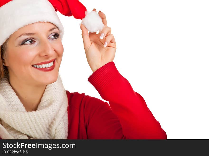 Woman in santa hat with christmas presents isolated on white background. Woman in santa hat with christmas presents isolated on white background