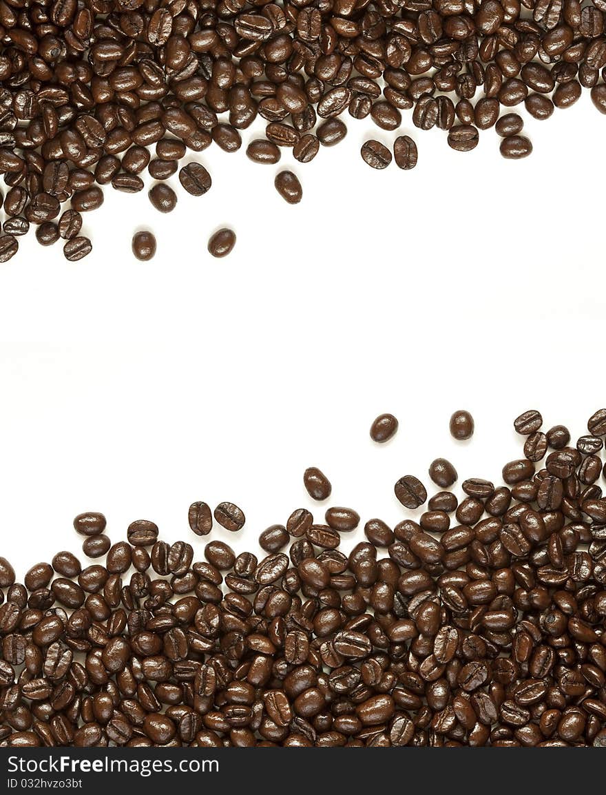 Many coffee beans on white background