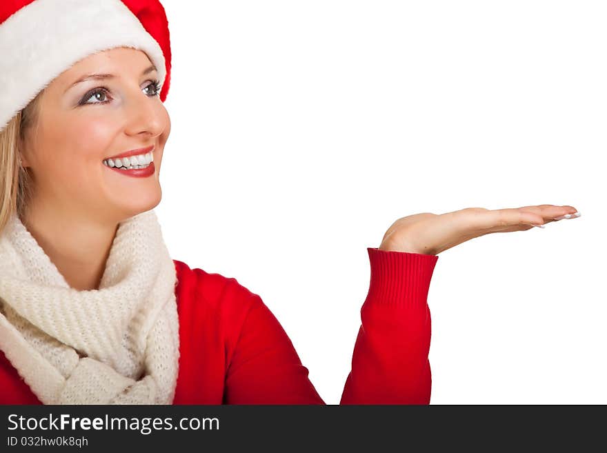 Woman in santa hat with christmas presents isolated on white background. Woman in santa hat with christmas presents isolated on white background