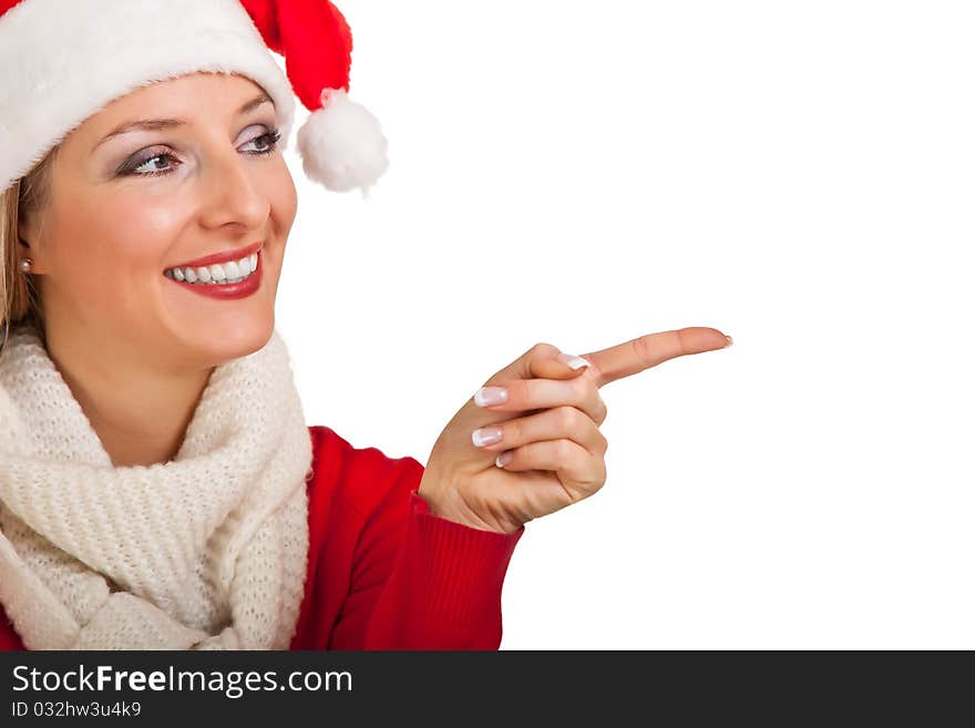 Woman in santa hat with christmas presents isolated on white background. Woman in santa hat with christmas presents isolated on white background