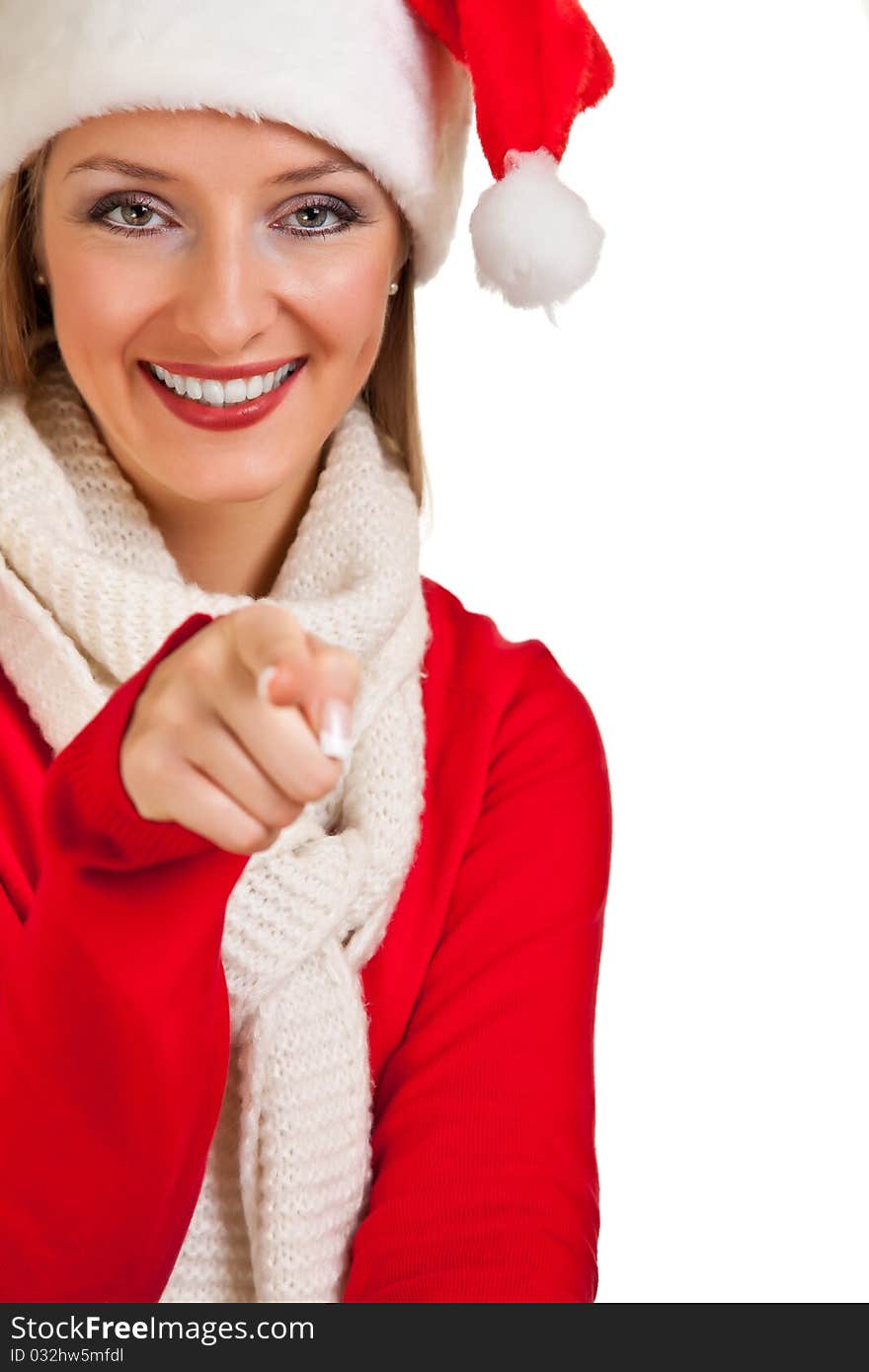 Woman in santa hat with christmas presents isolated on white background. Woman in santa hat with christmas presents isolated on white background