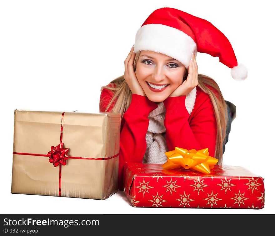 Woman in santa hat with christmas presents isolated on white background. Woman in santa hat with christmas presents isolated on white background