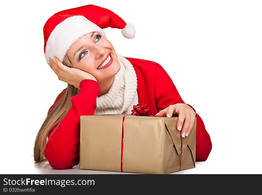 Woman in santa hat with christmas presents isolated on white background. Woman in santa hat with christmas presents isolated on white background